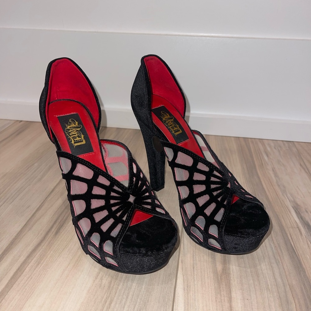 Von Dutch Black and Red Spiderweb Heels